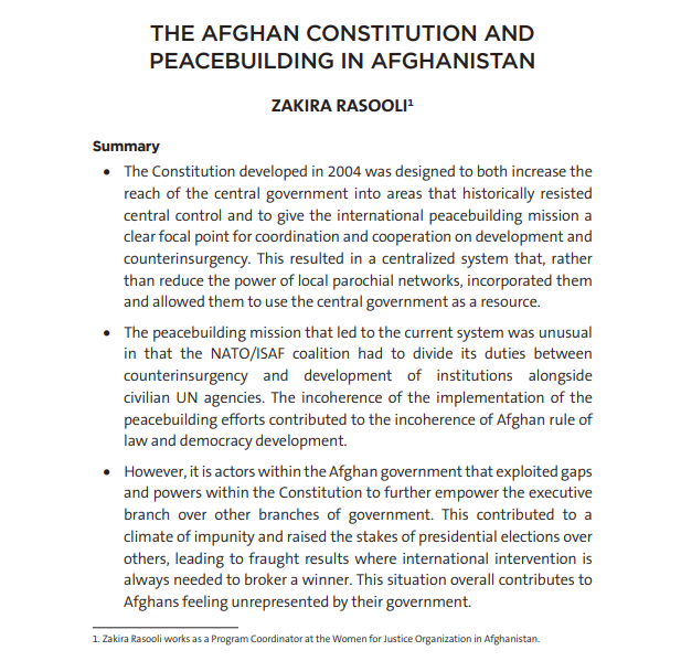 The Afghan Constitution and Peacebuilding in Afghanistan