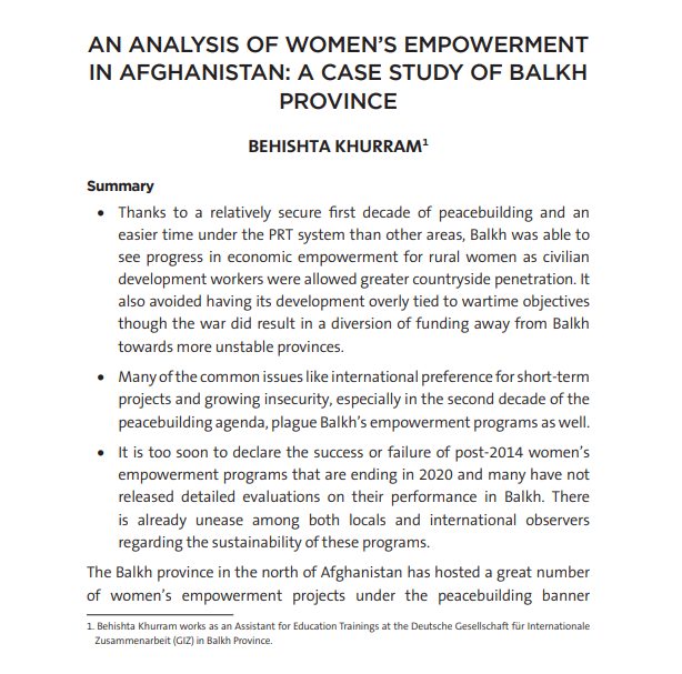 An Analysis of Women’s Empowerment in Afghanistan: A Case Study of Balkh Province