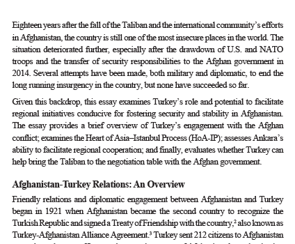 Turkey’s Potential for Facilitating Regional Cooperation and Peace in Afghanistan
