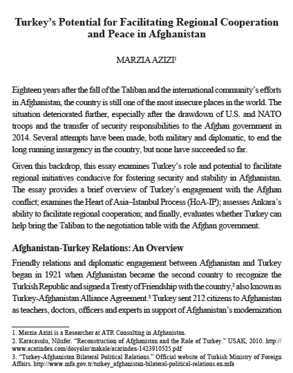 Turkey’s Potential for Facilitating Regional Cooperation and Peace in Afghanistan