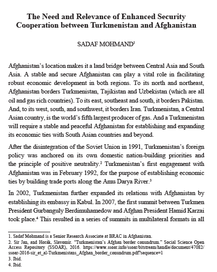 The Need and Relevance of Enhanced Security Cooperation between Turkmenistan and Afghanistan