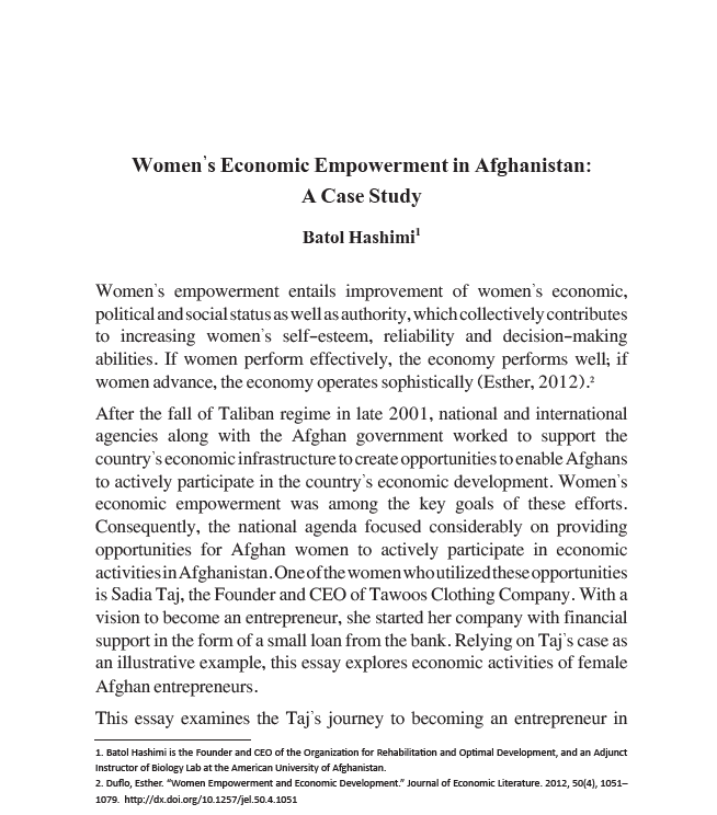 Women’s Economic Empowerment in Afghanistan: A Case Study